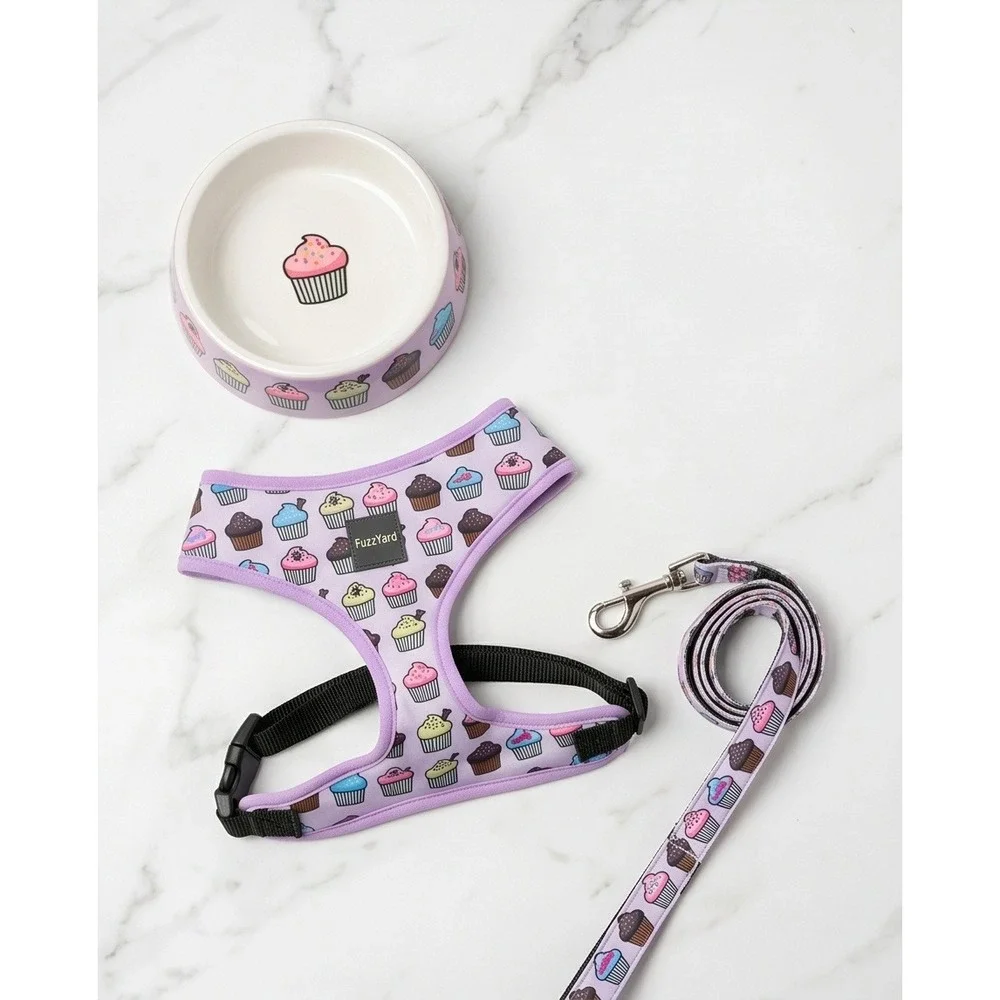 FuzzYard Dog Harness Large Cupcake Print Purple Trim Adjustable Soft Halter